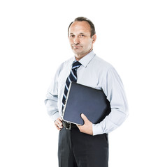 Confident businessman on a white background with a folder in his hands