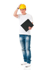 Young foreman in hard hat with clipboard, isolated on white background
