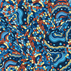 Crazy color seamless abstract hand drawn vector pattern. Summer colours, modern wave and mosaic circles texture. Boho fashion style for prints