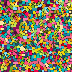 Crazy color seamless abstract hand drawn vector pattern. Summer colours, modern wave and mosaic circles texture. Boho fashion style for prints