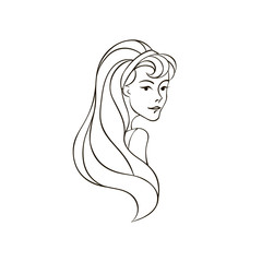 Retro smiling girl with long hair, isolated in white background