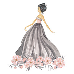 Hand-Painted Fashion Girl With Flowers Illustration