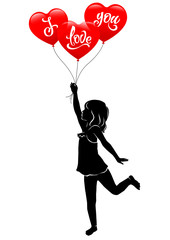 Girl and three red balloon I love you