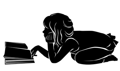 Silhouette girl reading book