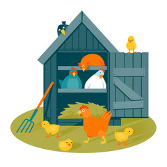 Henhouse with funny birds on a green lawn vector illustration cartoon style © Olga Serova