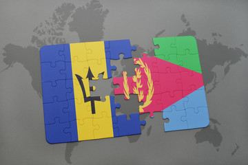 puzzle with the national flag of barbados and eritrea on a world map