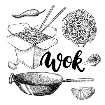 Wok vector drawing with lettering. Isolated chinese box, wok and chopsticks