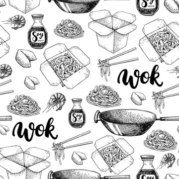 Wok vector hand drawn seamless pattern with lettering. Isolated chinese box, wok and chopsticks
