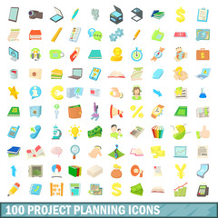 100 project planning icons set, cartoon style