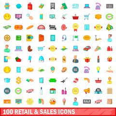 100 retail and sales icons set, cartoon style