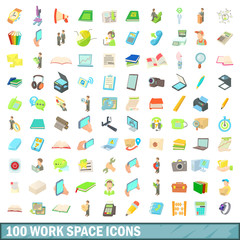 100 work space icons set, cartoon style