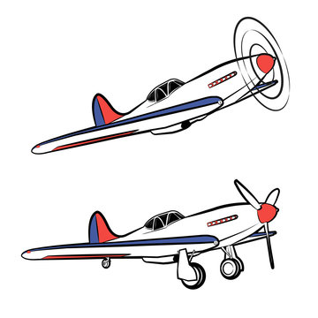 Vector illustration of a classic military propeller aircraft in static and in flight on a white background
