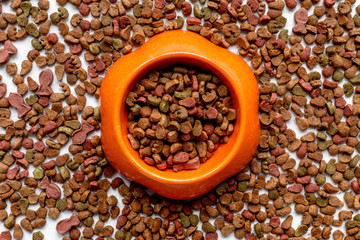 dry dog food in bowl on white background top view