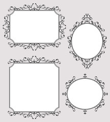 Elegantly decorated set of ornate rectangular and oval black frames. Calligraphic and refined decorations with an antique flavor. Graceful and twisting fine lines. Vector EPS available.