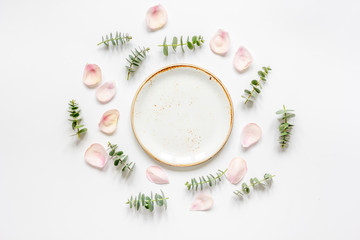 light breakfast with spring pattern on white background top view mock up