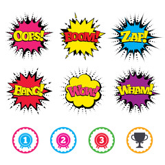 First, second and third place icons. Award medal.