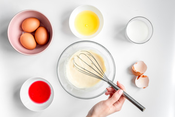 cooking pancake on white background top view ingredients for making