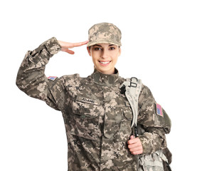 Saluting female soldier on white background