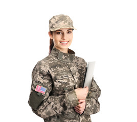 Female soldier with laptop on white background