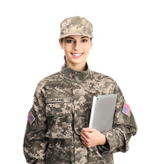 Female soldier with tablet on white background