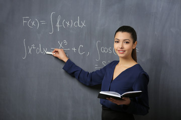 Beautiful young teacher explaining math formulas written on blackboard