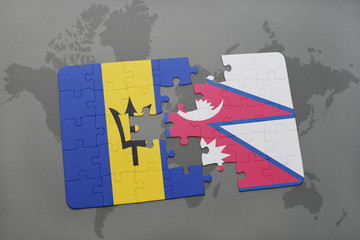 puzzle with the national flag of barbados and nepal on a world map
