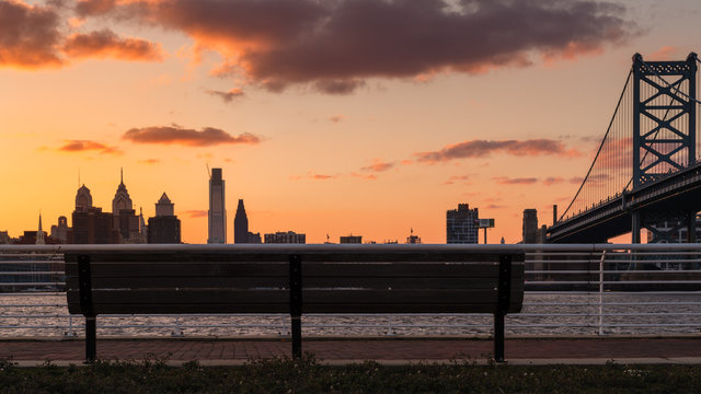 Philadelphia skyline viewed from park bench - Powered by Adobe