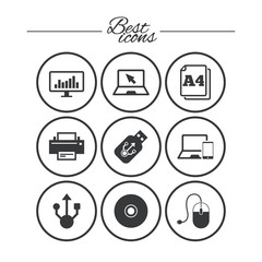 Computer devices icons. Printer, laptop signs.