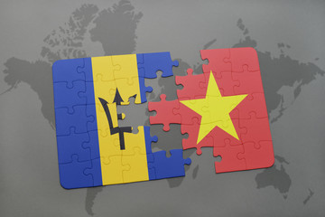 puzzle with the national flag of barbados and vietnam on a world map