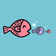 Big fish eat small fish cartoon vector illustration, business concept