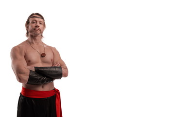 Actor Athlete man in trousers with naked torso posing on a white background in studio
