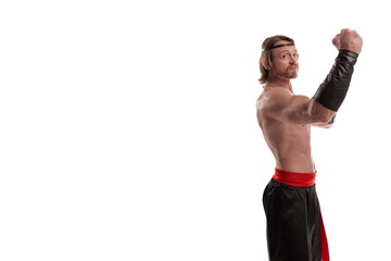 Actor Athlete man in trousers with naked torso posing on a white background in studio