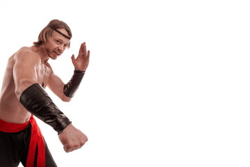 Actor Athlete man in trousers with naked torso posing on a white background in studio