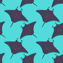 Vector seamless pattern with stingray, ray fish illustration. Animal in the wild - hand drawn sketch, marine life swimming animal wallpaper © oxanaart