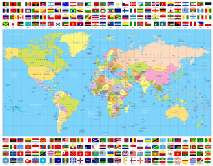 Colored World Map and All World Flags Collection