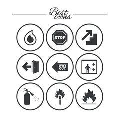 Fire safety, emergency icons. Extinguisher sign.