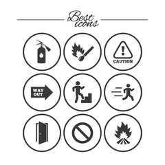 Fire safety, emergency icons. Extinguisher sign.