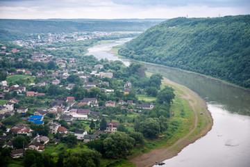 top view of the river Dniester and the city Zalishchyky