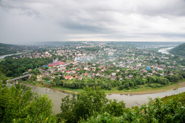 top view of the river Dniester and the city Zalishchyky