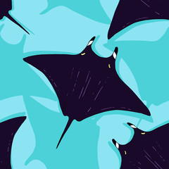Vector seamless pattern with stingray, ray fish illustration. Animal in the wild - hand drawn sketch, marine life swimming animal wallpaper © oxanaart