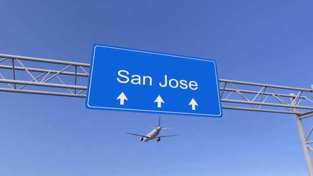 Commercial airplane arriving to San Jose airport. Travelling to United States conceptual 4K animation