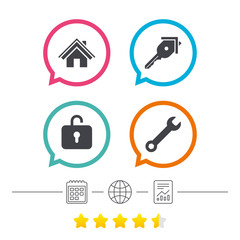 Home key icon. Wrench service tool symbol.