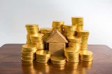 the gold coins and toy block which seems like house