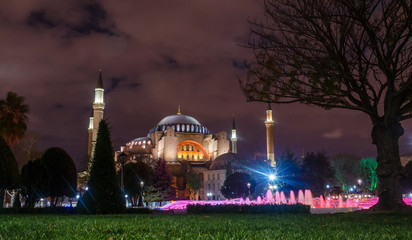 View of the Hagia Sophia at night in Istanbul, Turkey.