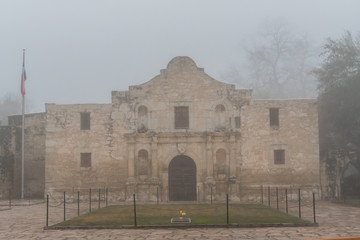 Front of The Alamo on Foggy Morning