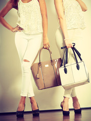 Two slim women in with leather bags handbags.