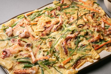 Seafood and Green Onion Pancake.  Haemul-pajeon.
