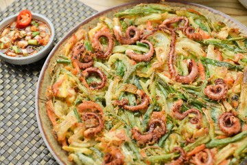 Seafood and Green Onion Pancake.  Haemul-pajeon.