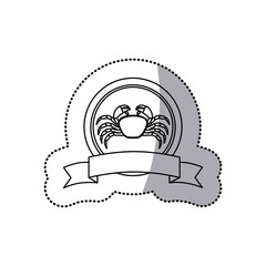 sticker monochrome line contour with crab in circular frame and ribbon vector illustration