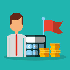 businessperson with financial icons vector illustration design